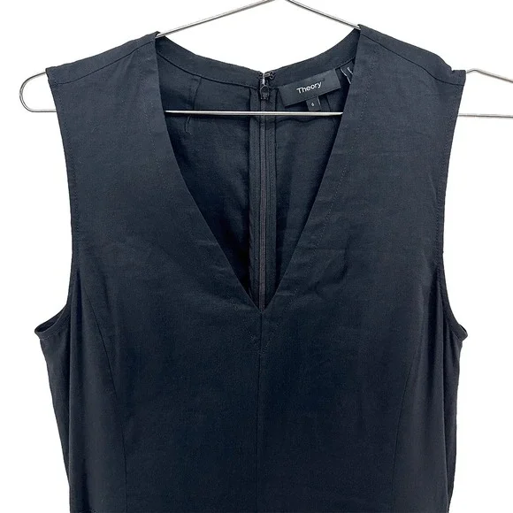 THEORY Kalsington Stretch Linen Blend A-line V-neck Sheath Dress • 6 • black - Picture 3 of 9